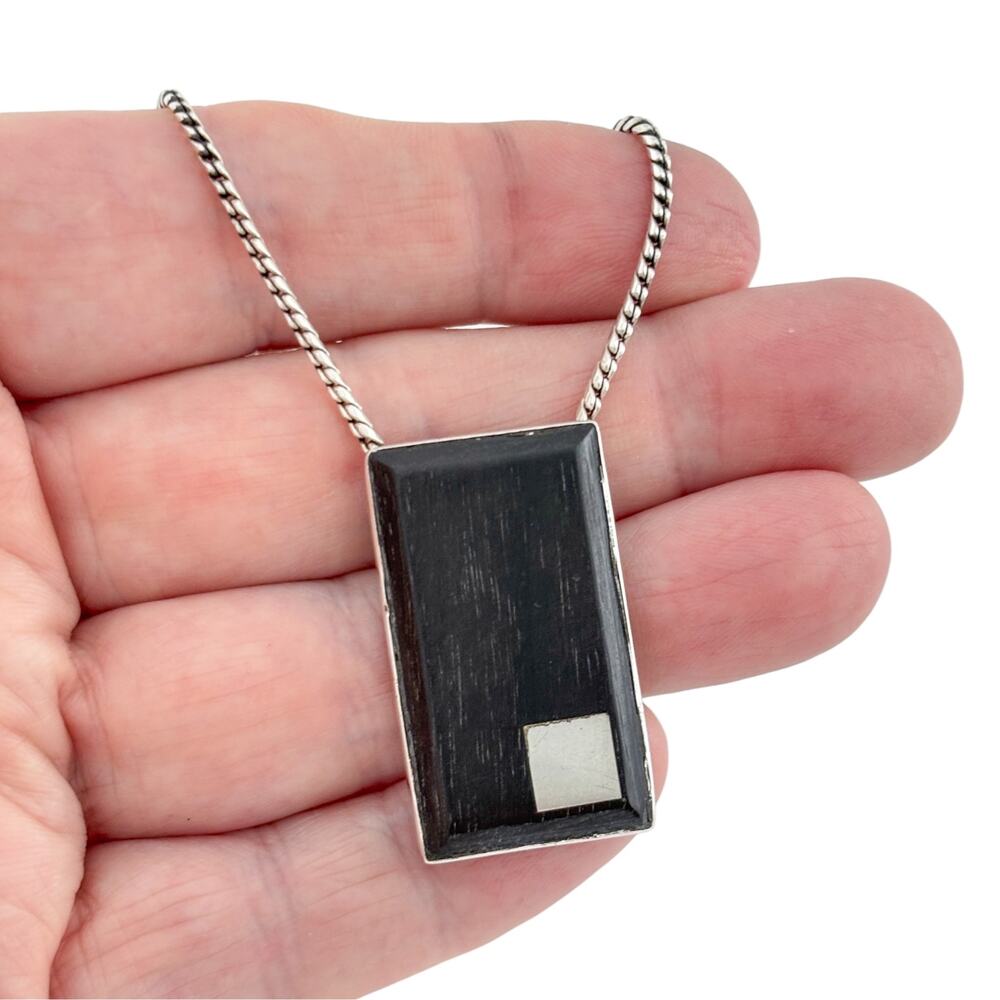 Vintage Sterling Silver 925 Wood Pendant Necklace 18"
